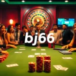 bj66 online gambling exemplified with players at a lively casino table, showcasing cards and chips.